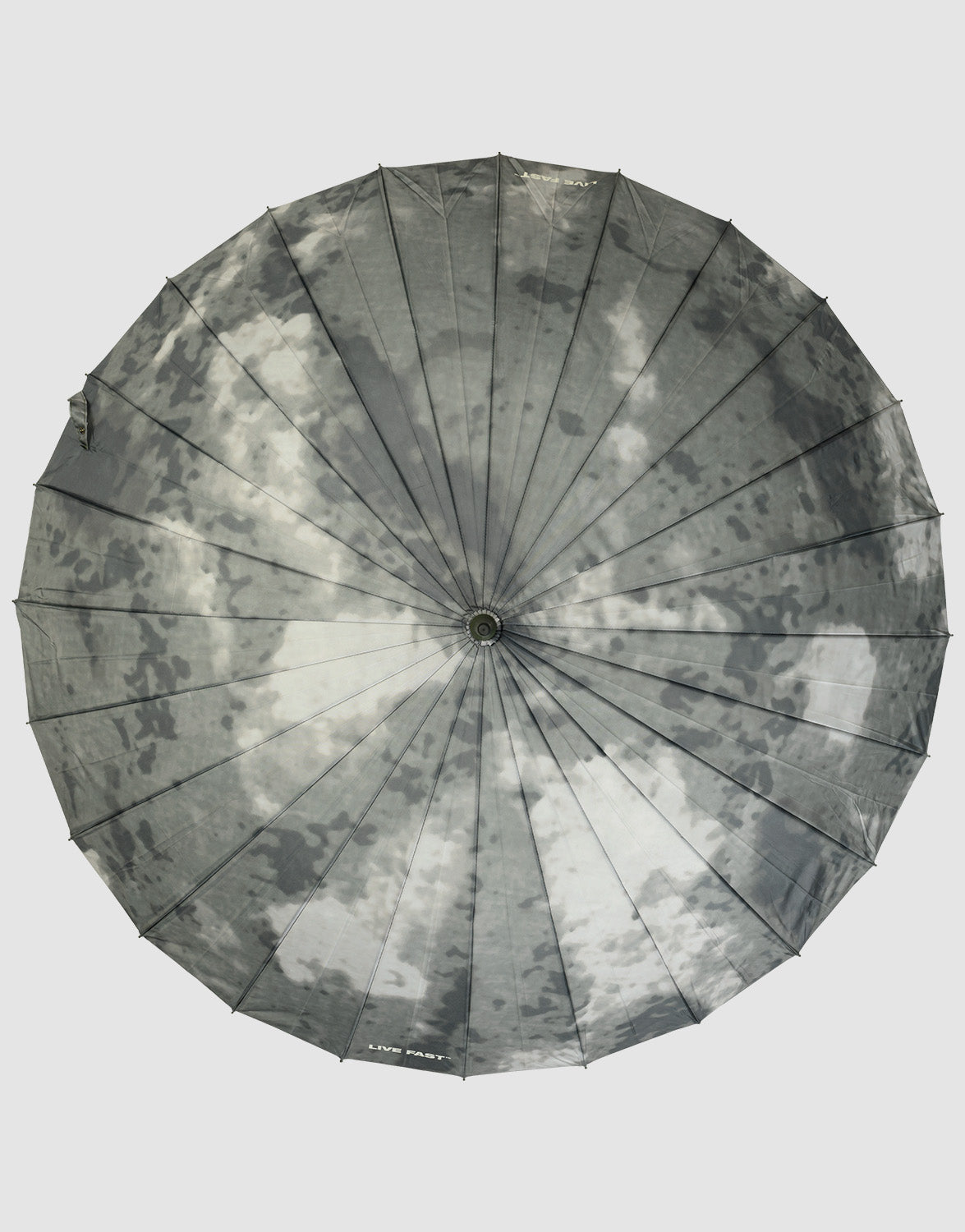 The LFDY Umbrella by LIVE FAST DIE YOUNG features a round, moon-inspired printed design with craters and gray shades, supported by a durable frame for lasting use.