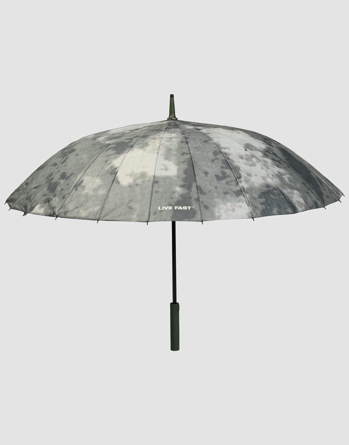 The LFDY Umbrella by LIVE FAST DIE YOUNG features a gray and white cloud pattern, "LIVE FAST" printed on one panel, a stable frame, straight dark handle, and central pole.