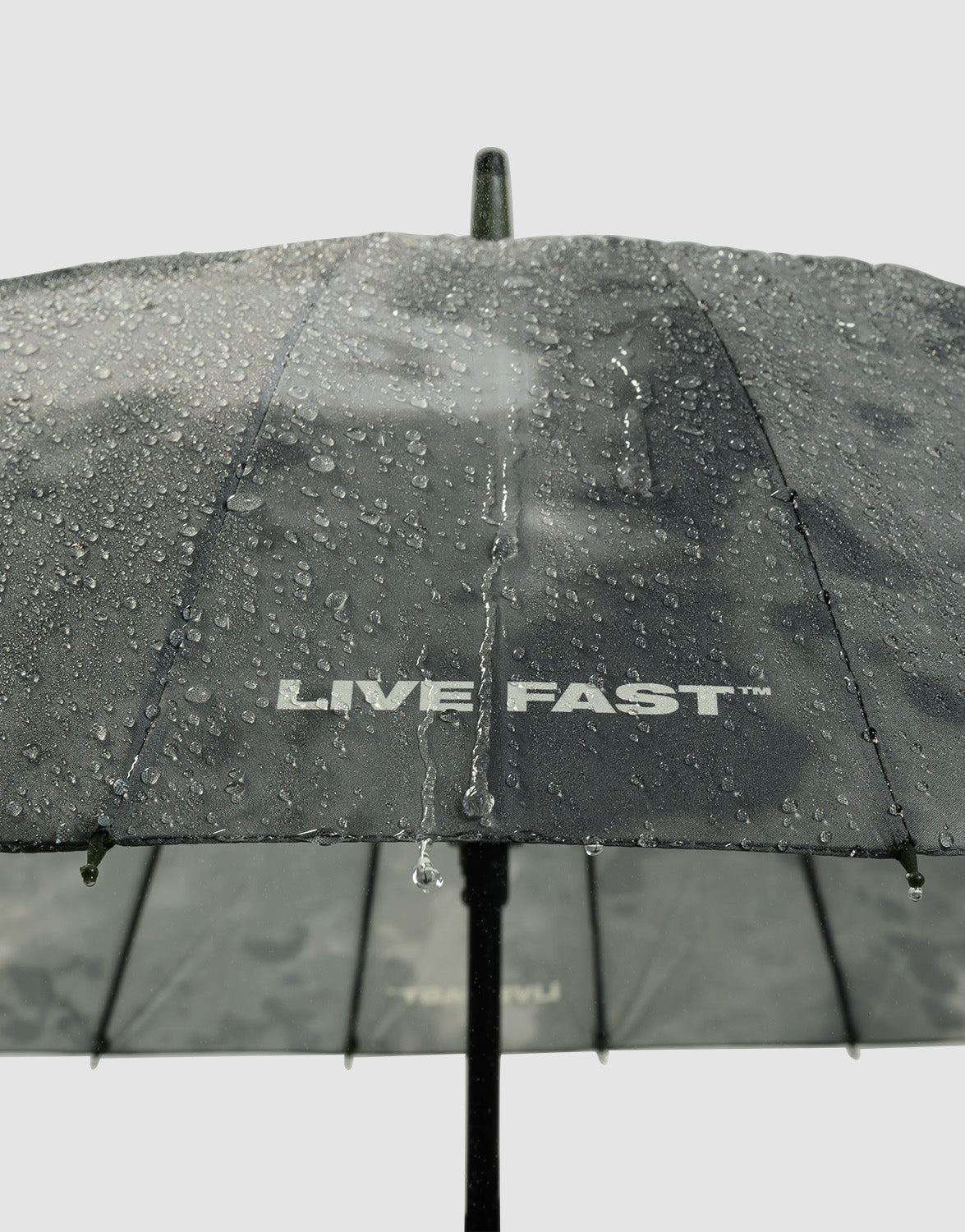 The LFDY Umbrella by LIVE FAST DIE YOUNG features a black canopy with "LIVE FAST" in bold white print, plus stabile Rahmenkonstruktion and robuste Metallstreben for lasting durability.