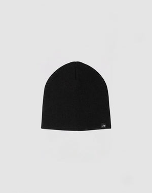 A plain black Uncuffed Beanie by LFDY, made from polyacryl with a small LFDY logo patch on the bottom edge, is shown against a light gray background.