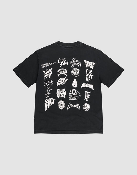 The LFDY Logo Tee by LIVE FAST DIE YOUNG is a black, 100% Baumwolle oversize shirt laid flat, featuring multiple white graphic logos and phrases like “Live Fast” and “Stay Young” in unique fonts on the back. | plain