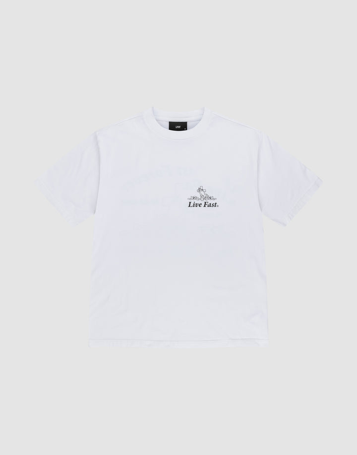 The LFDY Praying Tee by LIVE FAST DIE YOUNG is an Oversize Fit white short-sleeve t-shirt made from soft cotton, featuring "Live Fast." in small black text on the left chest, laid flat on a light gray background.