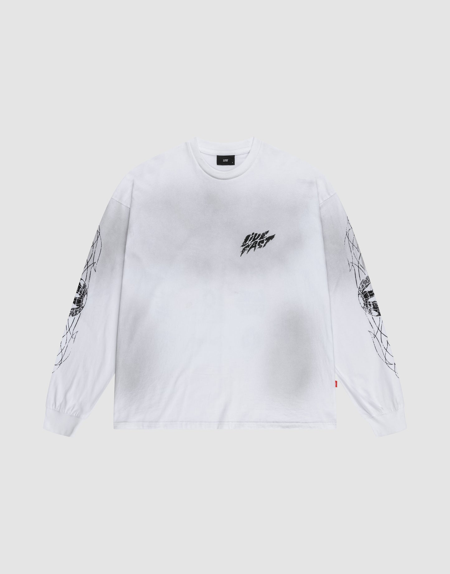 The LFDY Logo Longsleeve by LIVE FAST DIE YOUNG is a white, oversized long-sleeve tee with small black chest text and graphic line art on both sleeves, shown on a plain light background.