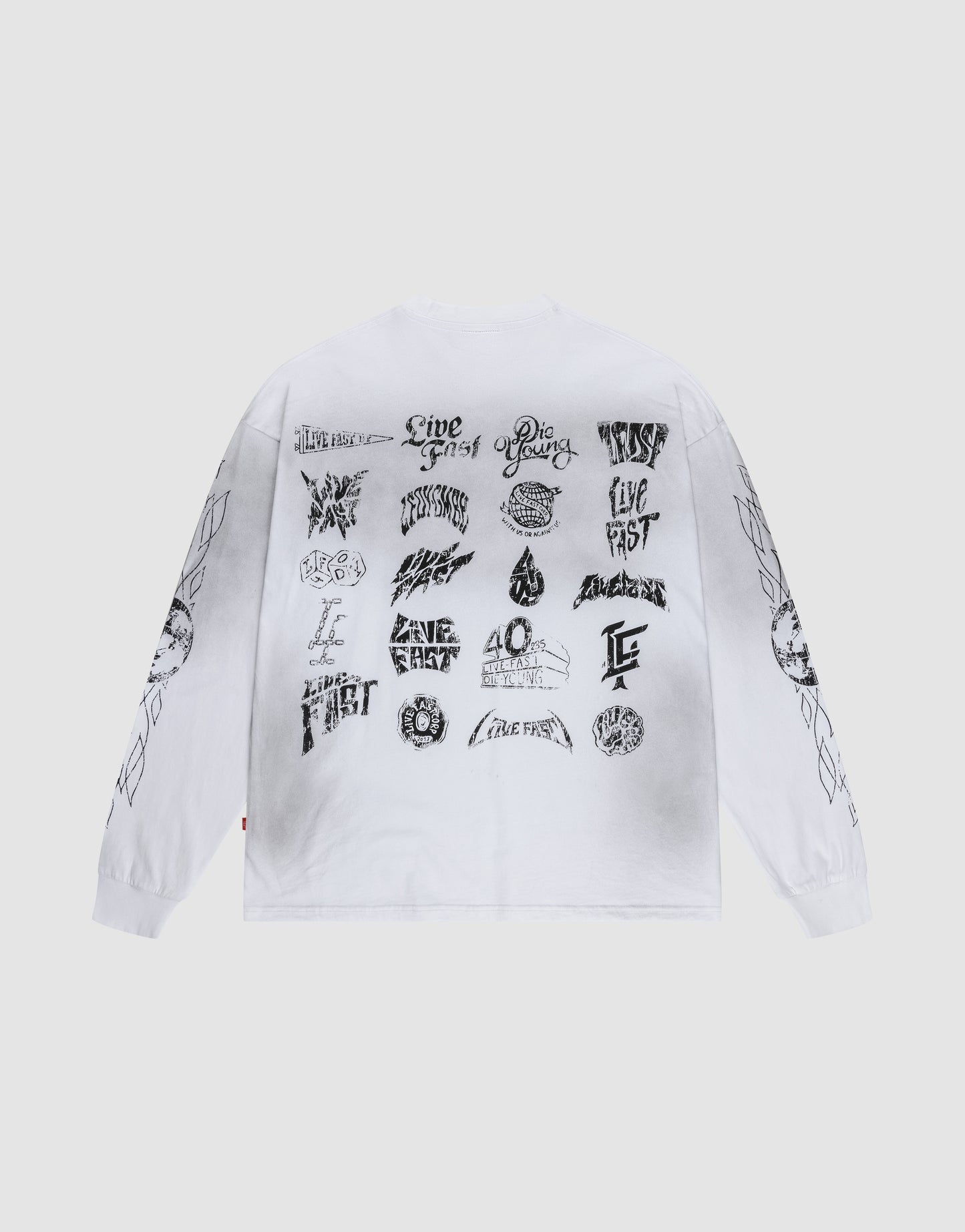 The LFDY Logo Longsleeve by LIVE FAST DIE YOUNG is a white oversized shirt featuring black multilogo graphics and "Live Fast" on the back, with vintage spray-effect patterns down both sleeves, shown on a plain light background.