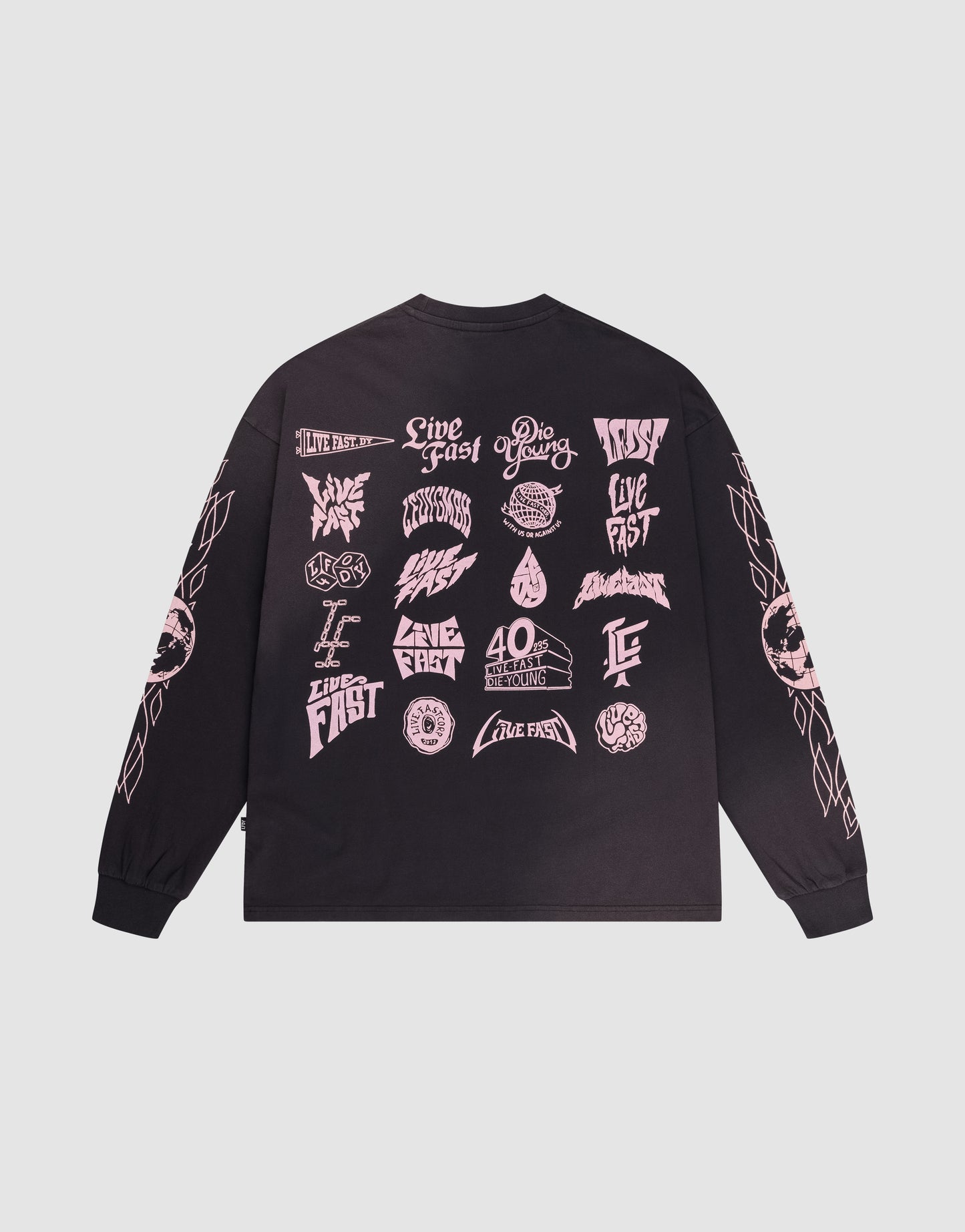 The LFDY Logo Longsleeve by LIVE FAST DIE YOUNG is a black, oversized long-sleeve shirt with light pink graphic logos and phrases like "Live Fast" and "40 Ounces" printed on the back and sleeves in various styles.