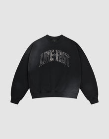The LIVE FAST DIE YOUNG Live Fast Rhinestone Sweater is a black oversized crewneck with bold distressed white "LIVE FAST" lettering and a subtle spray effect, set against a plain light gray background. | plain