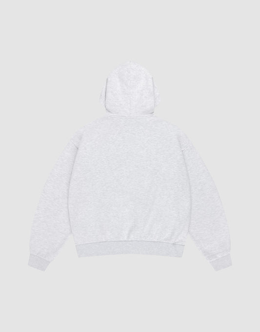 The LIVE FAST DIE YOUNG Live Fast Box Hooded hoodie in light gray is shown laid flat from the back, hood up and sleeves spread out, on a matching light gray background.