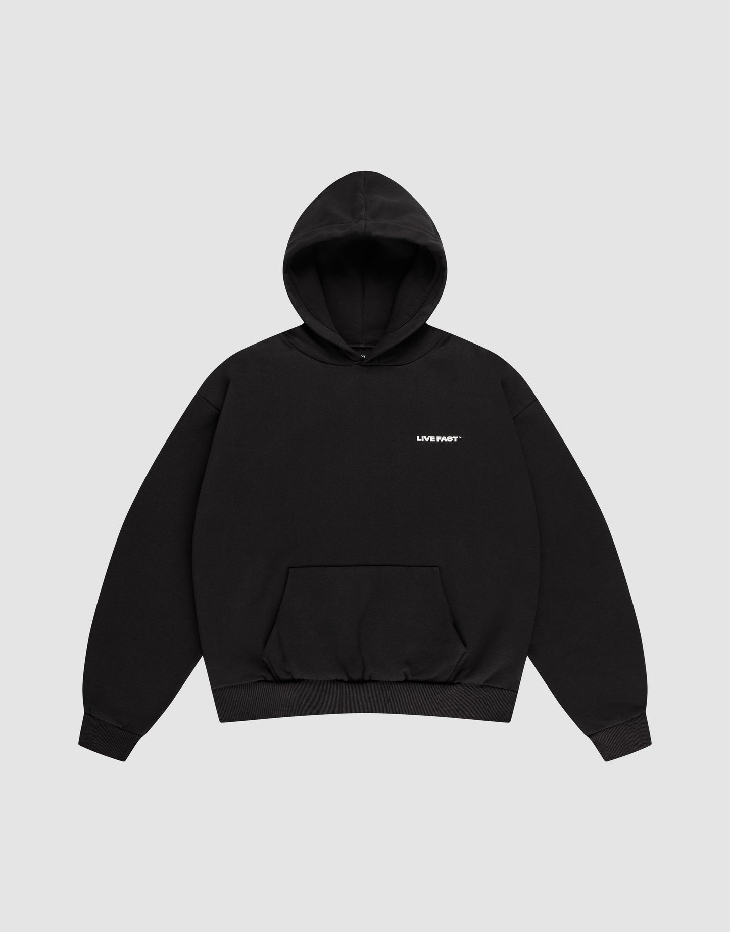 The LFDY Cinema Hooded by LIVE FAST DIE YOUNG is a black oversized cotton hoodie with a front pocket and “LUV PART” in small white text on the left chest, shown against a light gray background.