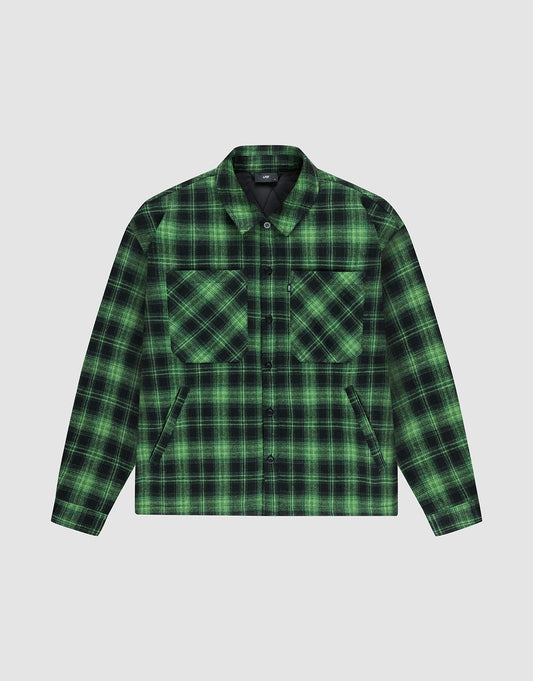 The LIVE FAST DIE YOUNG LFDY Padded Flannel features a green and black plaid oversize fit with two large chest pockets and a collar, shown against a plain light gray background. | plain