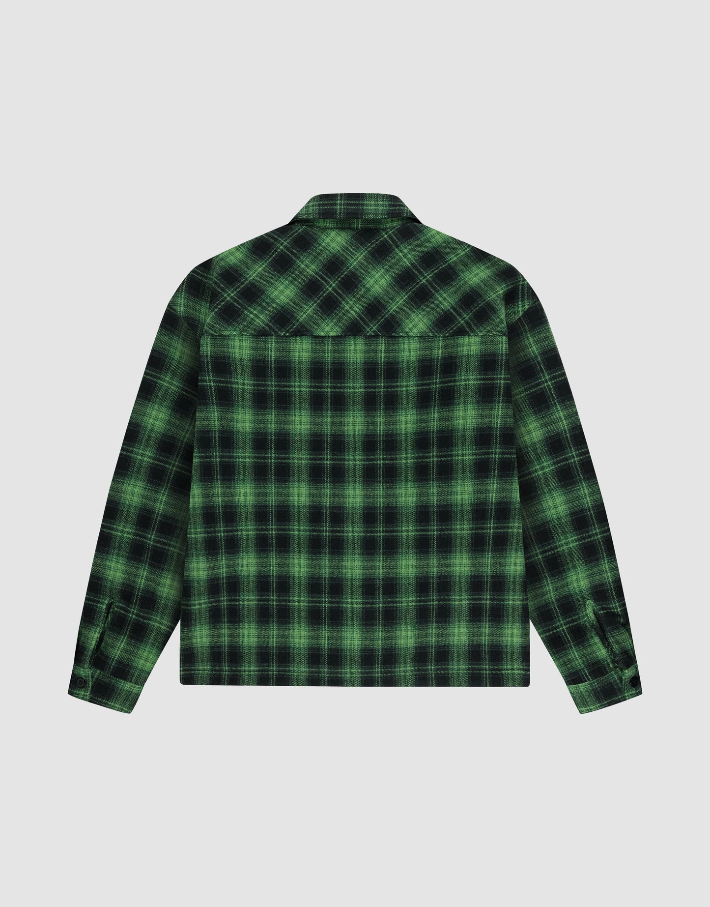 The LIVE FAST DIE YOUNG LFDY Padded Flannel, a green and black plaid overshirt in an Oversize Fit, is displayed from the back on a light gray background.