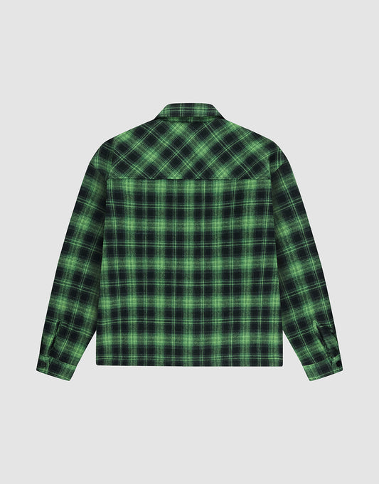 The LIVE FAST DIE YOUNG LFDY Padded Flannel is a green and black plaid overshirt with long sleeves and chest pockets, shown from the back and laid flat on a light gray background.