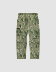 LIVE FAST DIE YOUNG Live Fast Nylon Pants in green camouflage, featuring an oversize fit, multiple cargo pockets, elastic waistband, and zipper, shown flat on a plain light background. | plain