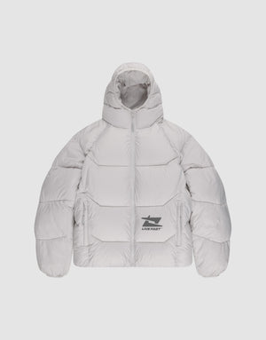 The Live Fast Puffer Jacket by LIVE FAST DIE YOUNG is a light gray, oversized puffer with a hood, front zipper, two side pockets, and a black graphic plus "LIVE FAST" in reflective print on the lower left. | plain