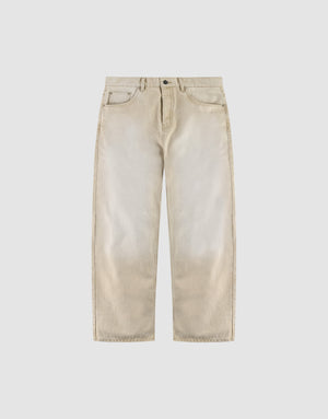 The LFDY Baggy Denim by LIVE FAST DIE YOUNG features light beige, wide-leg 100% cotton jeans with a baggy fit, subtle faded effect, button and zip front closure, and standard pockets, shown on a plain white background. | plain