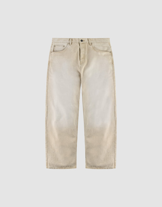 The LFDY Baggy Denim by LIVE FAST DIE YOUNG features light beige, wide-leg 100% cotton jeans with a baggy fit, subtle faded effect, button and zip front closure, and standard pockets, shown on a plain white background. | plain