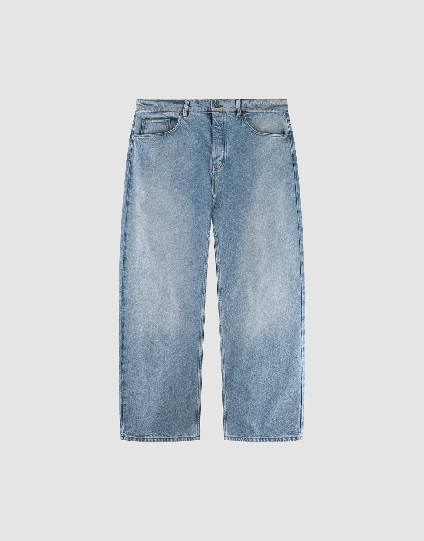 The LFDY Baggy Denim by LIVE FAST DIE YOUNG features light blue, straight-leg style and classic five-pocket design in 100% cotton, shown laid flat on a plain white background.