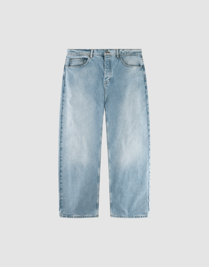 The LFDY Baggy Denim by LIVE FAST DIE YOUNG features light blue, high-waisted jeans with a baggy, straight-leg fit, classic five-pocket design, button and zipper closure, laid flat on a plain light gray background. | plain