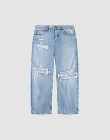 The LFDY Distressed Baggy Denim from LIVE FAST DIE YOUNG are light blue, high-waisted jeans with wide straight legs, heavy distressing, large frayed knee holes, thigh rips, and made from 100% Baumwolle for comfort. | plain