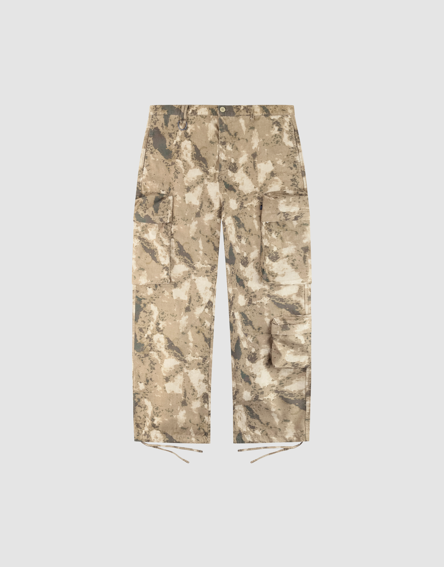 The LFDY Cargo by LIVE FAST DIE YOUNG features a wide fit in beige and brown camo, large cargo pockets, a practical zip, and adjustable drawstrings at the hem, shown on a plain light background. | plain