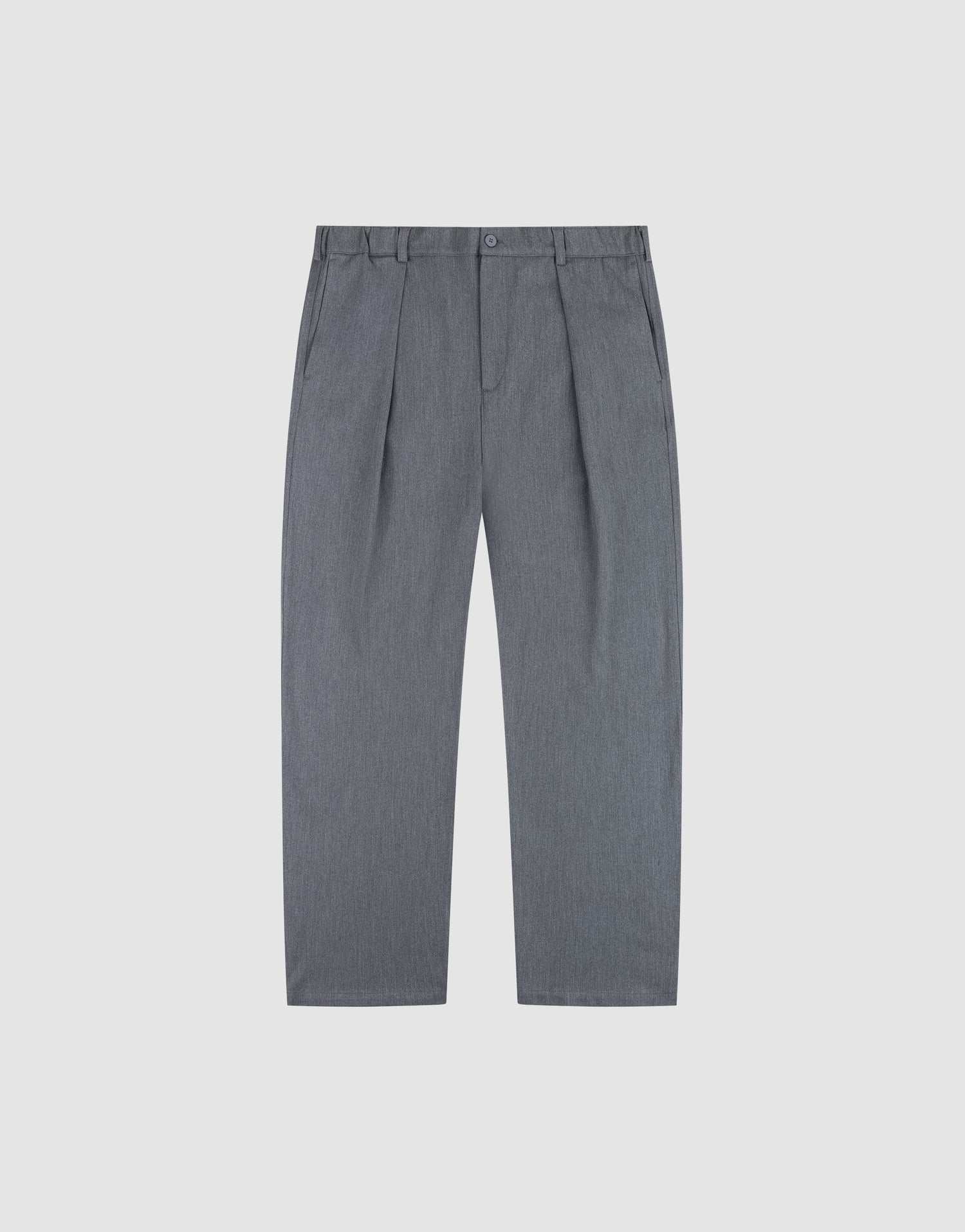 The LIVE FAST DIE YOUNG Wide Casual Pants feature a gray pleated design with a wide fit, belt loops, elastic waistband, side pockets, and button closure, shown laid flat on a plain white background. | plain
