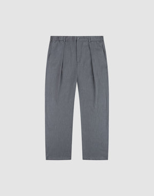 The LIVE FAST DIE YOUNG Wide Casual Pants feature a gray pleated design with a wide fit, belt loops, elastic waistband, side pockets, and button closure, shown laid flat on a plain white background. | plain