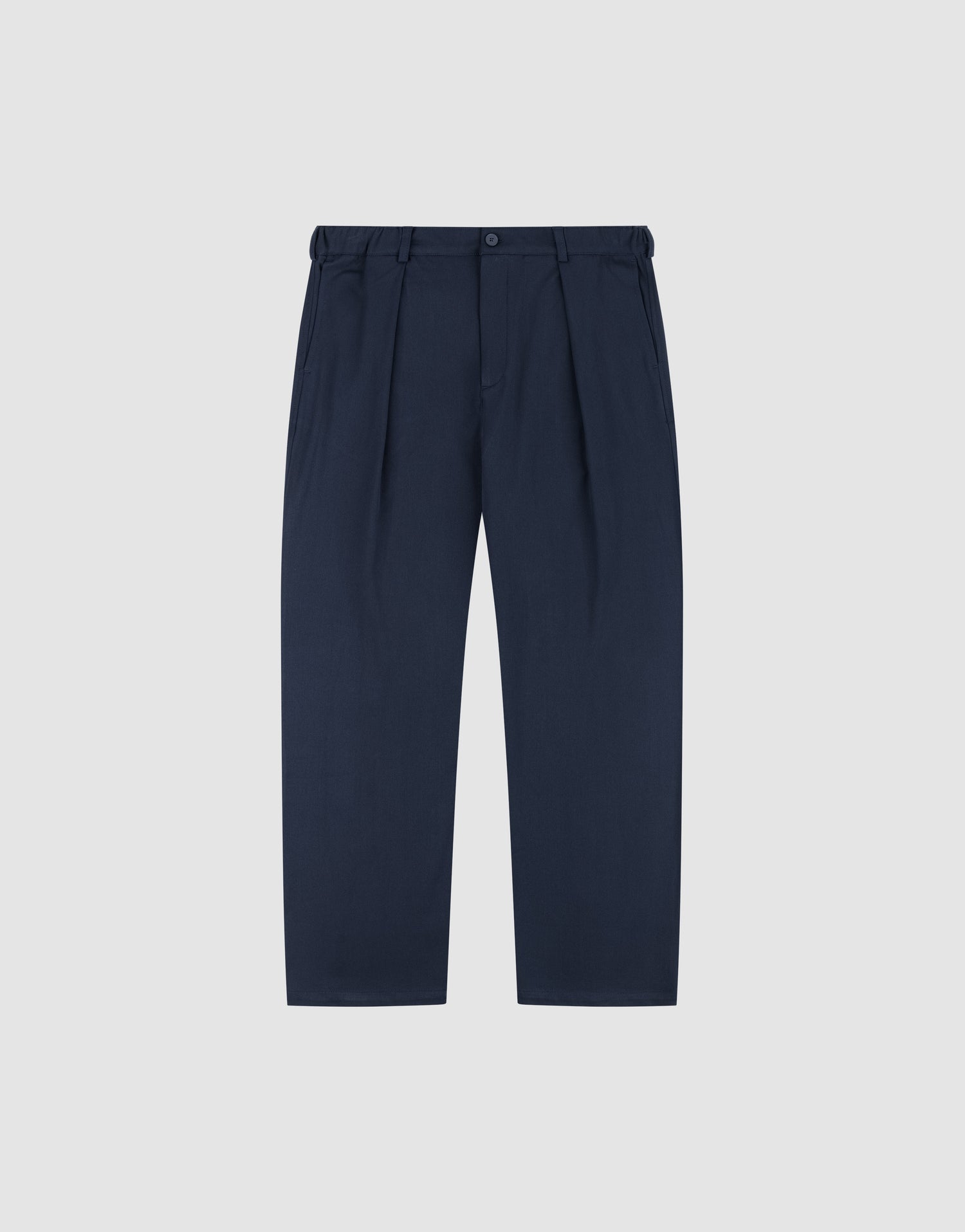 LIVE FAST DIE YOUNG Wide Casual Pants in navy blue with pleats, wide fit and straight leg, belt loops, side pockets, and button waistband, shown on a plain light grey background. | plain