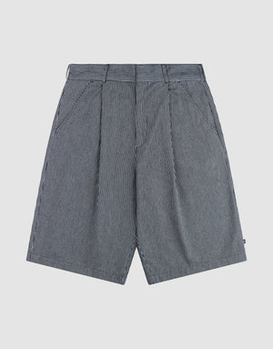 LFDY Twill Shorts by LIVE FAST DIE YOUNG feature a high-waisted, oversize fit with wide legs, thin vertical black and white stripes, front pleats, and belt loops. Made from 100% cotton and shown on a plain white background. | plain