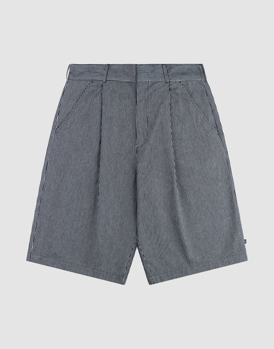 LFDY Twill Shorts by LIVE FAST DIE YOUNG feature a high-waisted, oversize fit with wide legs, thin vertical black and white stripes, front pleats, and belt loops. Made from 100% cotton and shown on a plain white background. | plain