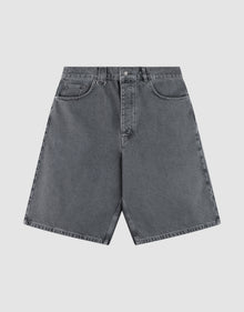 The LFDY Jorts by LIVE FAST DIE YOUNG are high-waisted, knee-length denim shorts in faded black with a wide straight leg and baggy fit, front and back pockets, belt loops, and a button-zip closure, laid on a light gray background. | plain