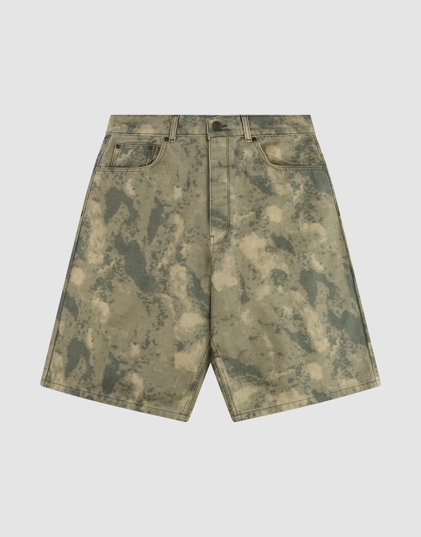 LIVE FAST DIE YOUNG Canvas Shorts: Green and beige camo denim with front/back pockets, straight leg, baggy fit, button and zipper closure; made from 100% cotton. Displayed flat on a plain white background.