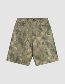 LIVE FAST DIE YOUNG Canvas Shorts: Green and beige camo denim with front/back pockets, straight leg, baggy fit, button and zipper closure; made from 100% cotton. Displayed flat on a plain white background. | plain