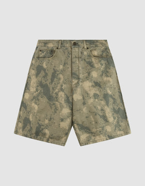 LIVE FAST DIE YOUNG Canvas Shorts: Green and beige camo denim with front/back pockets, straight leg, baggy fit, button and zipper closure; made from 100% cotton. Displayed flat on a plain white background. | plain