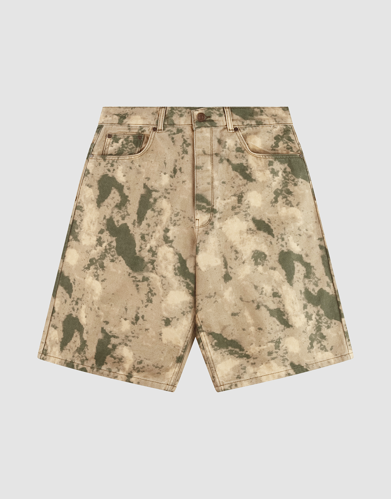 The LFDY Cargo Shorts by LIVE FAST DIE YOUNG are knee-length, oversized denim shorts with a tan and green camo pattern, front pockets, and button closure for a vintage vibe, shown against a plain white background. | plain