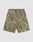 The LFDY Cargo Shorts by LIVE FAST DIE YOUNG feature a green and tan camo pattern, vintage look, oversize fit, 100% cotton fabric, belt loops, and two rear pockets. Shown against a plain white background.