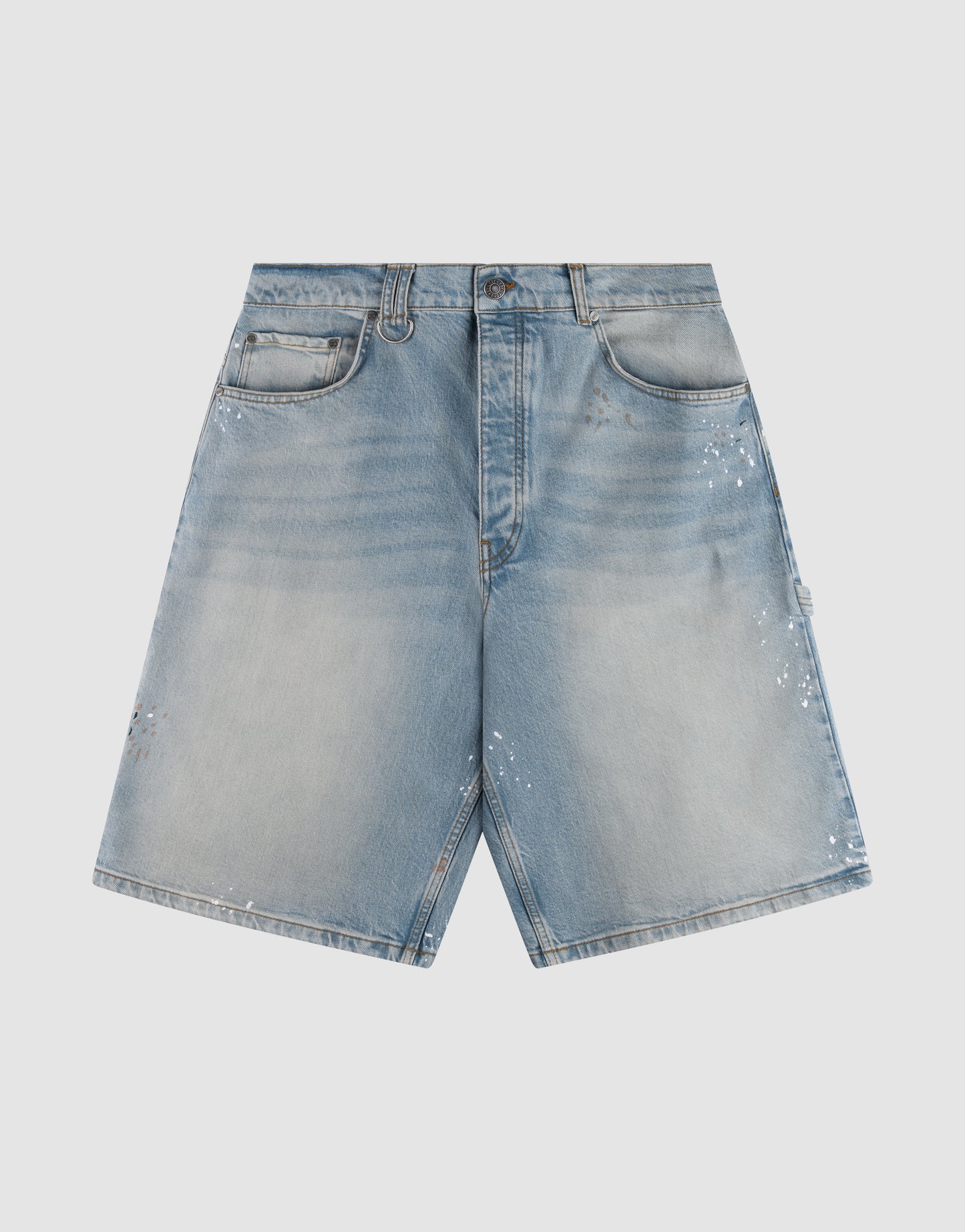 The LIVE FAST DIE YOUNG Carpenter Jorts are light blue baggy denim shorts with a faded wash, white paint splatters, front pockets, belt loops, and button closure, shown laid flat on a white background.