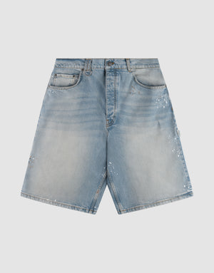 The LIVE FAST DIE YOUNG Carpenter Jorts are light blue baggy denim shorts with a faded wash, white paint splatters, front pockets, belt loops, and button closure, shown laid flat on a white background. | plain