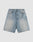 The LIVE FAST DIE YOUNG Carpenter Jorts are light blue baggy denim shorts with a faded wash, white paint splatters, front pockets, belt loops, and button closure, shown laid flat on a white background.