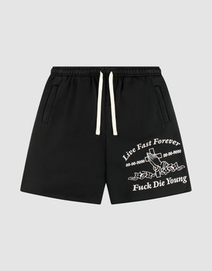 The LFDY Praying Shorts by LIVE FAST DIE YOUNG are black regular fit shorts with white drawstrings, printed text, stylized graphics, and seitliche Eingrifftaschen. The elastikbund offers comfort. Item shown on a plain background. | plain