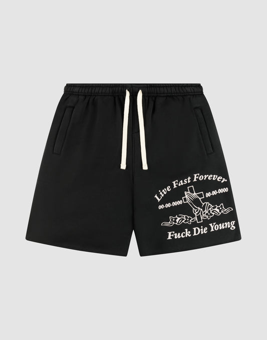 The LFDY Praying Shorts by LIVE FAST DIE YOUNG are black regular fit shorts with white drawstrings, printed text, stylized graphics, and seitliche Eingrifftaschen. The elastikbund offers comfort. Item shown on a plain background. | plain