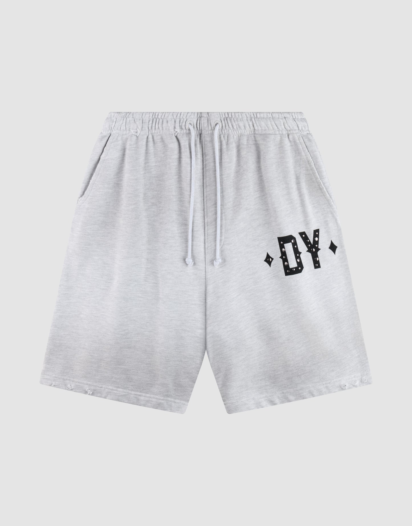 The DY Rivet Shorts by LIVE FAST DIE YOUNG feature a light gray color, elastic waistband with drawstring, side pockets, and black DY lettering with diamond accents. Made from 100% Baumwolle in an Oversize Fit for maximum comfort.