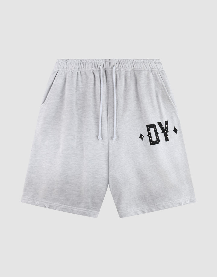 The DY Rivet Shorts by LIVE FAST DIE YOUNG feature a light gray color, elastic waistband with drawstring, side pockets, and black DY lettering with diamond accents. Made from 100% Baumwolle in an Oversize Fit for maximum comfort. | plain