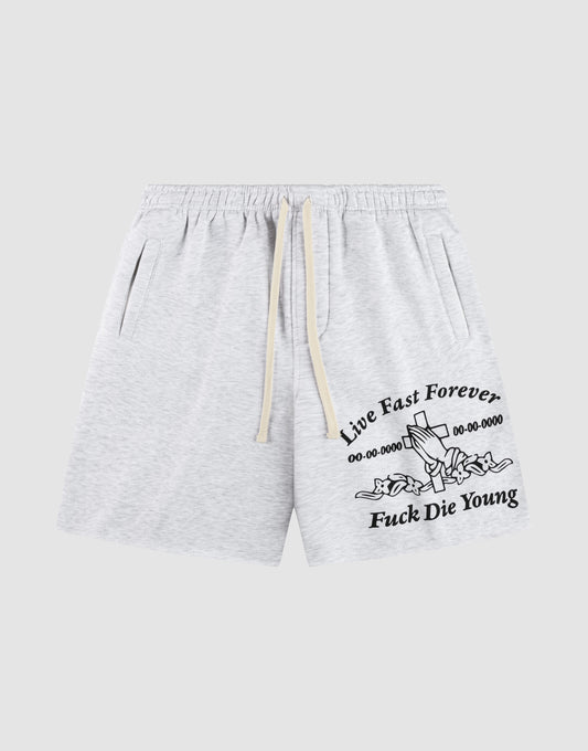 The LFDY Praying Shorts by LIVE FAST DIE YOUNG are light gray with an elastic waistband, side pockets, and feature "Live Fast Forever & Fuck Die Young" text plus a skeleton graphic on the left leg. Regular fit for comfort. | plain