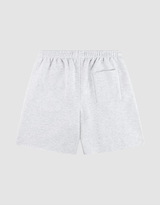 LFDY Praying Shorts by LIVE FAST DIE YOUNG in light gray, Regular Fit with elastic waistband, side pockets, and one back pocket, shown flat on a plain light gray background.