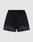 LIVE FAST DIE YOUNG Burning Mesh Shorts: Black athletic shorts with Elastikbund, single back pocket, and gray flame print along the hem. Set against a light gray background.