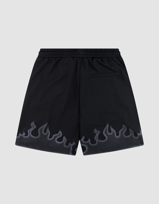 LIVE FAST DIE YOUNG Burning Mesh Shorts: Black athletic shorts with Elastikbund, single back pocket, and gray flame print along the hem. Set against a light gray background.