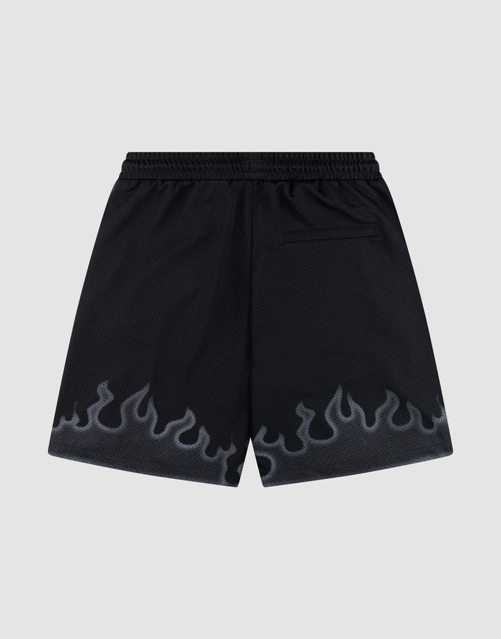 LIVE FAST DIE YOUNG Burning Mesh Shorts: Black athletic shorts with Elastikbund, single back pocket, and gray flame print along the hem. Set against a light gray background.