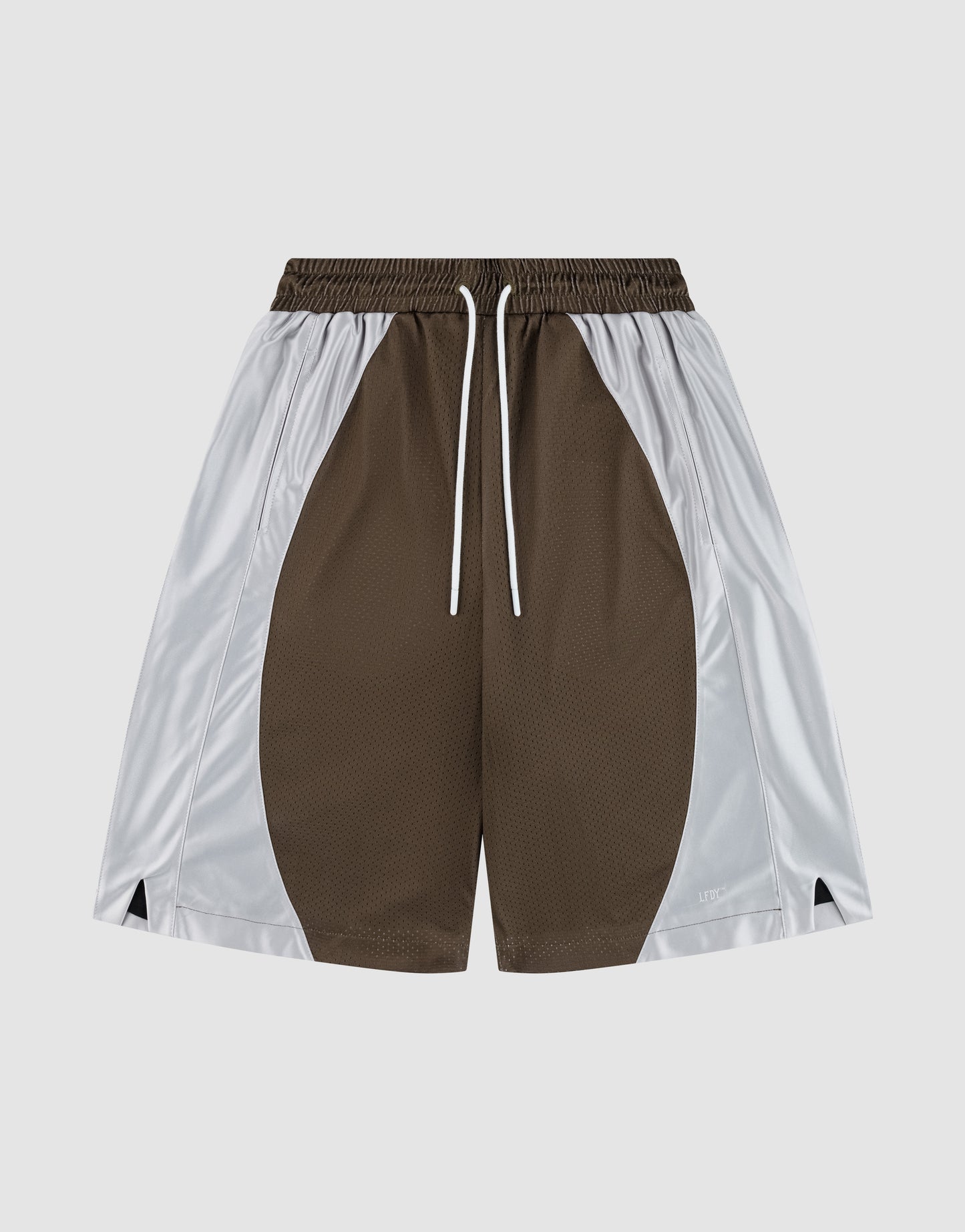 The LFDY League Shorts by LIVE FAST DIE YOUNG feature a brown and white colorway, oversized fit, elastic waistband with white drawstrings, side slits, and contrasting side panels on a plain white background.