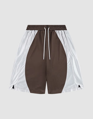 The LFDY League Shorts by LIVE FAST DIE YOUNG feature brown mesh at the center, white side panels, an oversize fit, elastic waistband with white drawstrings, and small side hem slits. | plain