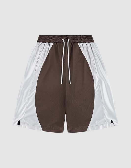 The LFDY League Shorts by LIVE FAST DIE YOUNG feature brown mesh at the center, white side panels, an oversize fit, elastic waistband with white drawstrings, and small side hem slits. | plain