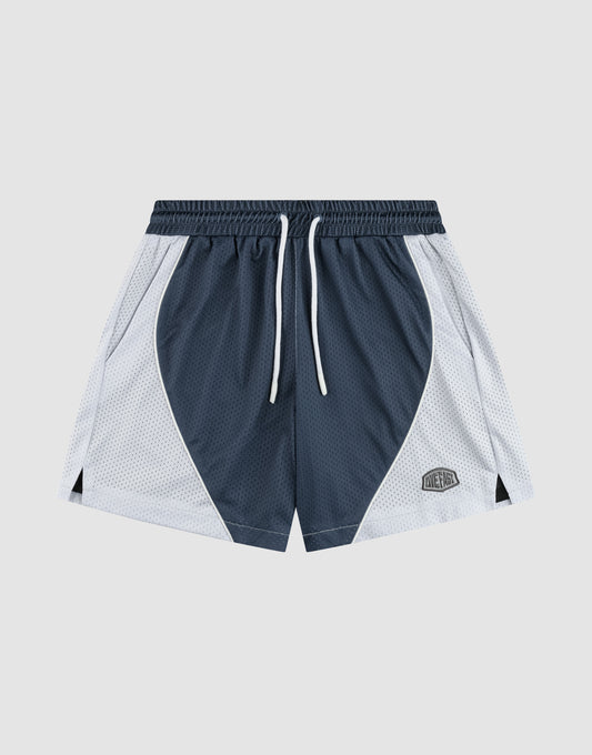 LIVE FAST DIE YOUNG LFDY Piping Mesh Shorts feature lightweight polyester, a navy front with white side panels, regular fit, elastic waistband with white drawstrings, side pockets, and a logo patch on the left leg. Displayed flat on a light background. | plain